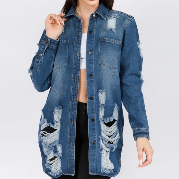 #169 FINAL PRICE 🛑M NEW! Long Length DISTRESSED DENIM JACKET TOP - Picture 2 of 7